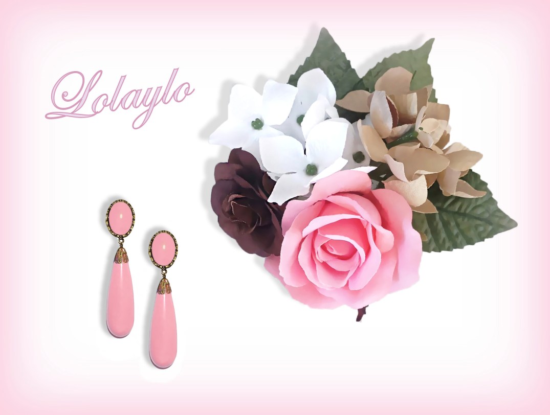 TOCADO ROSA CAMEL 13x12cm. 14€. PENDIENTES LÁGRIMA 5.6cm.12€.